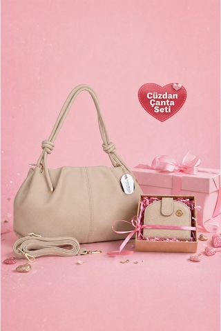 Westbag Kadın Büzgülü Dokulu Çanta Ve Mıknatıslı Cüzdan Seti Hediyelik Anneler Günü İkili Set Krem