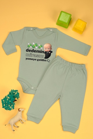 Bebetospik %100 Pamuklu Dedemin Mirasını Yemeye Geldim Baskılı Kız - Erkek Bebek & Çocuk Takım Haki