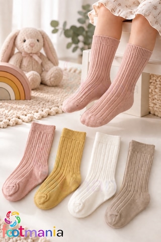 Footmania 4 Çift Soket Çocuk Dizaltı Fitilli Renkli Çorap Seti Extra Yumuşak Çok Renkli