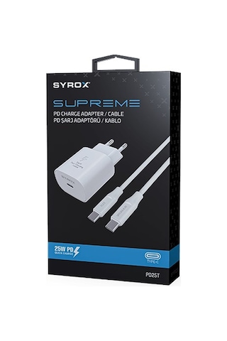 Syrox PD25T 25W PD Type-C Şarj Adaptörü ve Data Kablosu