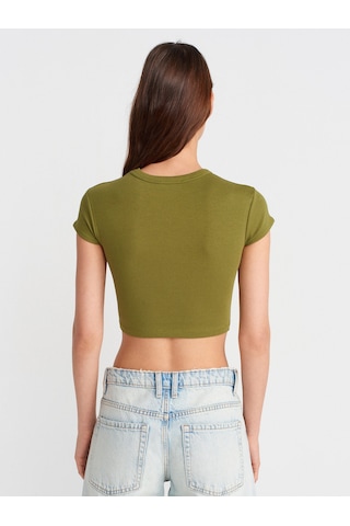 Dilvin 31810 Bisiklet Yaka Crop T-shirt-yağ Yeşil Yağ Yeşil