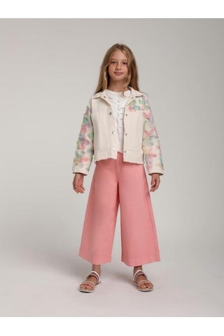 Kız Çocuk Tasarım Çiçekli Kot Ceket-15577 Ekru