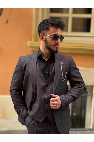 Dupont Classics Dupont Erkek Slim Fit 6 Drop Çift Yırtmaç Yelekli Takım Elbise Koyu Gri