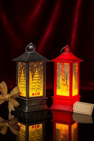 Yeni Yıl Noel Temalı 2 Li Set Işıklı Yılbaşı Feneri Çam Ağacı & Bambi Figürlü Kandili Fener 14 Cm Çok Renkli