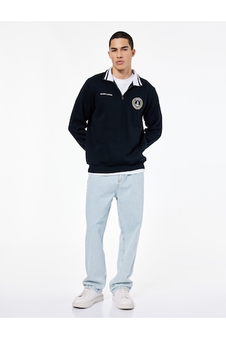 Koton Uzun Kollu Şardonlu Baskılı Yarım Fermuarlı Sweatshirt Lacivert 6wam70114mk Lacivert