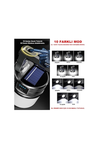 300w 10 Modlu Güneş Enerjili Solar Aydınlatma Kamp Çadır Lambası Ampül Led Şarjlı Işıldak El Feneri Beyaz