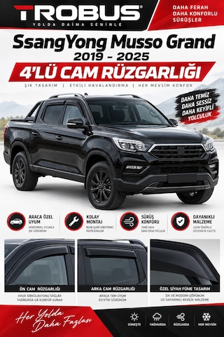Premium Ssangyong Musso Grand 2.2 Dizel 4x4 2019+ Uyumlu Siyah Sport Rüzgarlık 4 Parça
