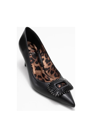 Great Siyah-siyah Desenli Tokalı Kadın Topuklu Ayakkabı Leopar - Siyah