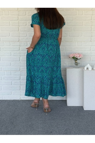 Mirve Butik Etnik Desenli Gömlek Elbise Mavi - Yeşil
