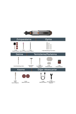 Worx WX106 8 V Kalem Tipi Devir Ayarlı Gravür Makinesi + 21 Parça Aksesuar