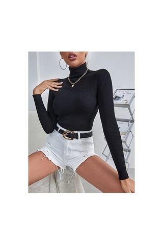 Hanclo Kadın Fitilli Balıkçı Yaka Slim Fit Triko Kazak Siyah