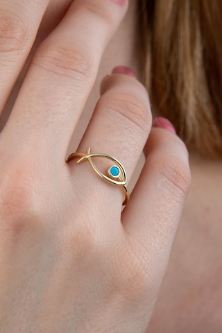 14 Ayar Altın Büyük Firuze Taş Detaylı Balık Yüzük Pembe Altın