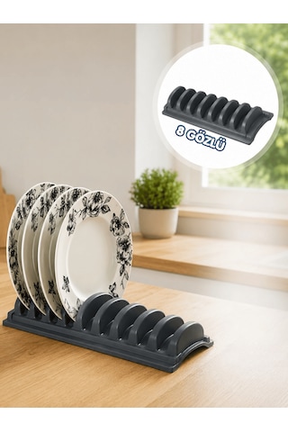 Beylini Tezgah Üstü 8'li Tabaklık Kurutmalık Stand Dolap Çekmece İçi Tabak Organizeri Standı Bulaşık Düzenleyici 13x35 Cm Antrasit