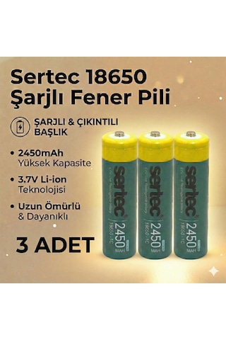 Sertec 18650 1c Şarjlı Pil 2450mah Çıkıntılı Başlıklı Fener Pili 3.7v Li-ion 3lü