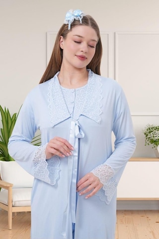 Mecit Pijama Mecit 1541 Bayan Hamile Lohusa Mavi Uzun Sabahlıklı Pijama Takımı