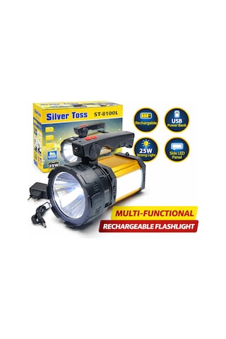 Silver Toss St-8100l 25w Şarjlı El Feneri 2500 Lümen Yan Led Aydınlatmalı Powerbank Sarı