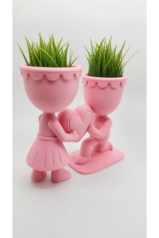3d Baskı Aşk Saksısı - Kalp Tutan Çift Figürlü Dekoratif Saksı - Pembe -