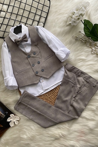 Zincir Detay Çift Düğmeli Erkek Çocuk Takım Elbise Gri Gri