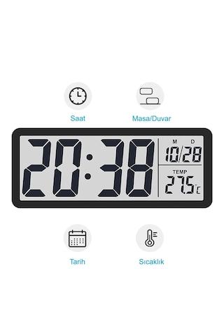 Yenilzd Duvar Saati Dijital Lcd Ekran 20x8cm Dijital Duvar Saati Siyah