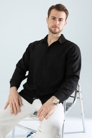 Rahat Kesim Keten Dokulu Gömlek Siyah