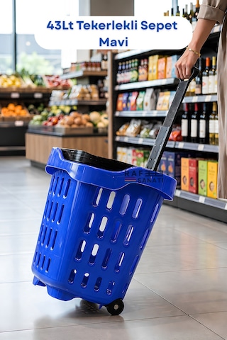 43 Lt Tekerlekli Market Sepeti Plastik Alışveriş Sepeti Ergonomik Çift Saplı Mavi