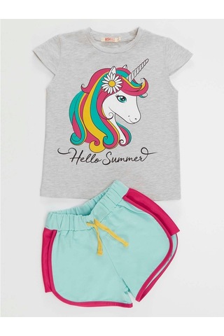 Denokids Mushi Çiçekli Unicorn Kız T-Shirt Şort Takım Çok Renkli