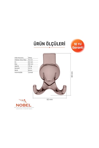 Solo Lüks Askı, Metal, Vestiyer Askı, 170 Gr, Dolap Askılık, Duvar Askılığı, Bronz Vidalı 5 Adet
