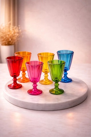 6 Lı Cam Flüt Renkli Kahve Yanı Su Bardağı Kadeh Kupa Bardak 75ml Çok Renkli