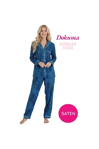 Guava Kadın Maskülen Önden Düğme Gömlek Yaka Dokuma Saten Göğüs Cepli Mevsimlik Uzun Kol Pijama Takımı Saks Mavi