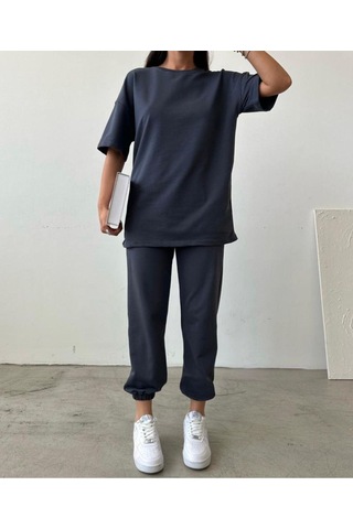 Movement T-shirt Eşofman Altı Jogger- Baskılı Alt Üst Eşofman Takım Oversize Bisiklet Yaka Füme