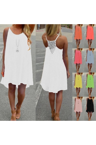 Bol Günlük Kolsuz Spagetti Askılı Mini Plaj Elbiseleri Oymalı Açık Pembe