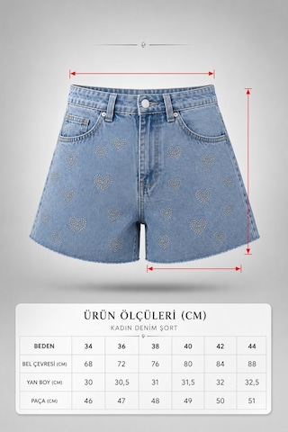 Cedy Denim Cedy Denım - Kadın Jean Şort Buz Mavi Kalp Taş İşlemeli Salaş Denim Şort E7013 Buz Mavisi