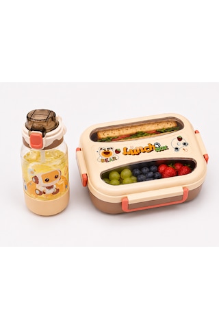 Muzeko Suluklu 2 Bölmeli Paslanmaz Çelik Yemek Kabı Sızdırmaz Kapaklı, Taşınabilir Beslenme Kabı Çatal Kaşık Hediye Krem 2081 1000+550ml Kahverengi - Krem