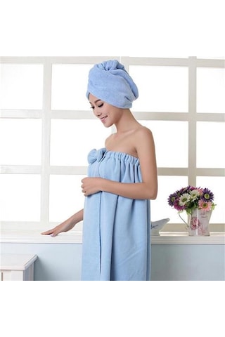 Mavi Kadın Sevimli Ilmek Çabuk Kuruyan Banyo Havlusu Spa Sarar Ve Duş Bonesi Bornoz Seti