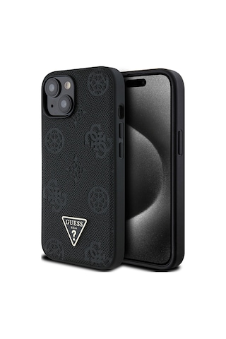Apple Uyumlu iPhone 15 Kılıf Guess Lisanslı M-safe Şarj Özellikli Üçgen Logolu Pu Deri Peony Kapak Siyah