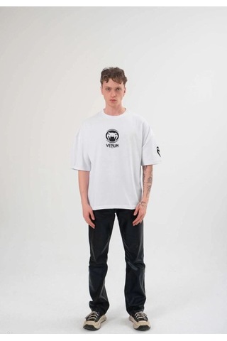 Vexor Erkek Kısa Kol Tişört Göğüs Ve Kol Bisiklet Yaka Baskılı T-shirt - Beyaz Çok Renkli