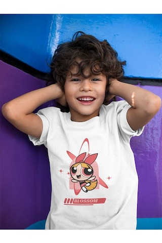 Sevbano Blossom Baskılı Unisex Power Puff Girls Çizgi Film Çocuk Tişört Beyaz