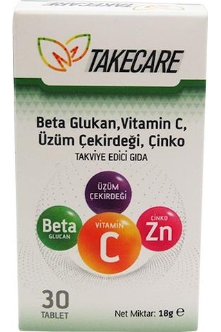 Takecare Beta Glukan Vitamin C Üzüm Çekirdeği ve Çinko İçeren Takviye Edici Gıda 30 Tablet