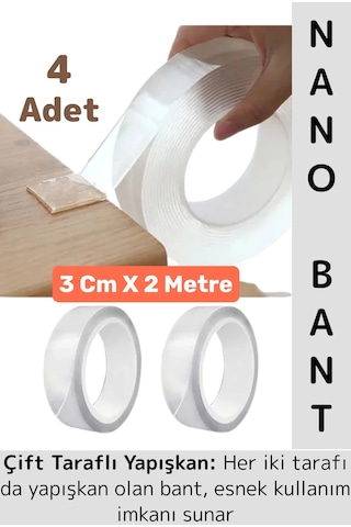 Ultra Güçlü Esnek Kesilebilir Kolay Kullanım Estetik Çift Taraflı Nano Şeffaf Bant 3 Cmx2 Metre 4 Ad