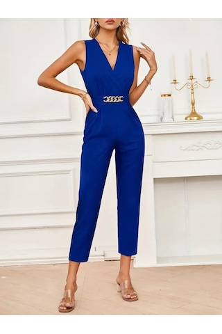 Leyla Sanat Sanata Yeni Bir Bakış Açısı Kadın Sıfır Kollu Kruvaze Detaylı Ithal Krep Tulum Saks Mavi