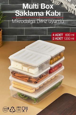 Multi Box 6 Parça 2 Farklı Boy Saklama Kabı Seti - Dondurucu & Mikrodalga Uyumlu Krem