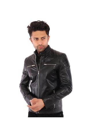 Hakiki Deri Siyah Erkek Deri Mont Omuz Baklava Desenli Koldan Fermuar Detaylı Dört Cepli Deri Ceket Siyah