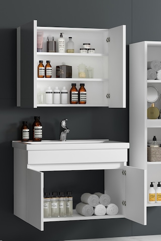 Çiğdem 80 Cm Beyaz Mdf Seramik Lavabolu Asma Banyo Dolabı Takımı Beyaz