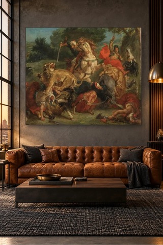 Fida Delacroix Aslan Avı Canvas Tablo Çok Renkli