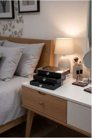 Piev House By House Kadife Kumaş Kaplı Üç Katlı Çekmeceli Takı Kozmetik Organizer Siyah