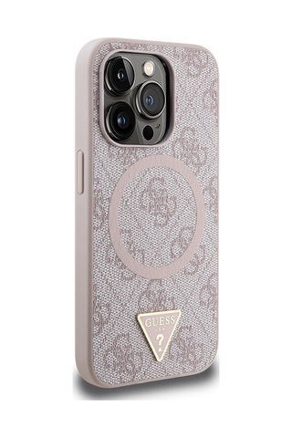 Apple Uyumlu iPhone 15 Pro Max Kılıf Guess Lisanslı Magsafe Şarj Özellikli Pu Üçgen Logo 4g Desenli Kapak Pembe