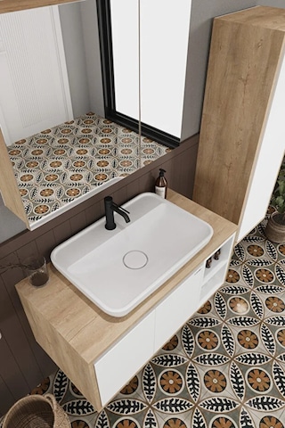 Lale Beyaz 90 Cm %100 Mdf Lavabolu Banyo Dolabı + Boy Dolabı Beyaz Meşe