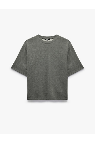 Koton Etiket Detaylı Üç İplik Rahat Kalıp Bisiklet Yaka Kısa Kollu Sweatshirt Gri 7wam70209mk