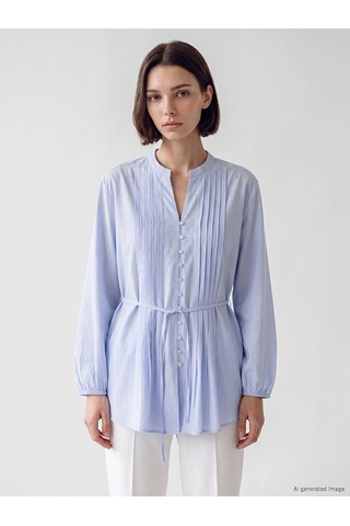 Lcw Modest Mavi Pileli Kuşaklı Oversize Kadın Gömlek Tunik