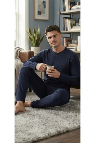 Erse %100 Pamuk Selanik Örme Uzun Kol Erkek Pijama Takımı Kışlık - 9097526090081 Lacivert